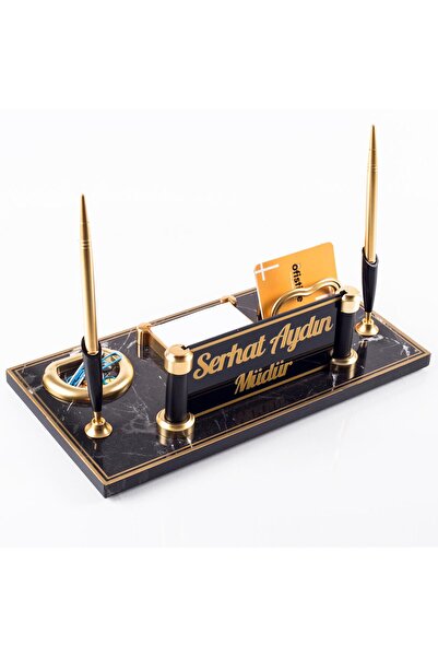 Ofistike Riga Mermer Desenli Ahşap Gold Renk Çift Kalemli Masa İsimliği Ofis ...