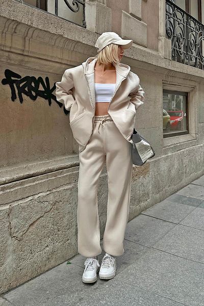 Swist Beige Gily Kapuzenpullover mit Reißverschluss – Damen-Trainingsanzug-Set