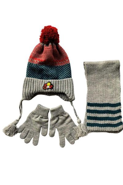 Kitti Gray Acrylic Beanie for Boy 4-8 Years - Non-Fleece Scarf, Gloves Set of 3