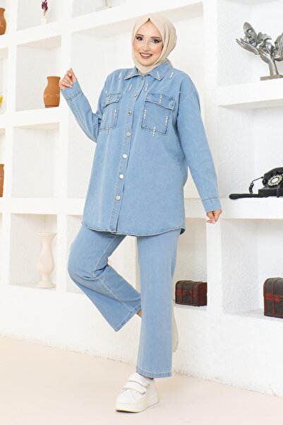 Modamihram Σετ τζιν γαλάζιο - Τσέπη και πέτρινη λεπτομέρεια 19207