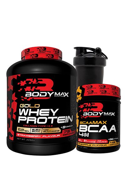 BODYMAX Gold Whey Protein Powder 2250 Gr Strawberry + Bcaamax Bcaa 585 Gr Pineapple + Shaker