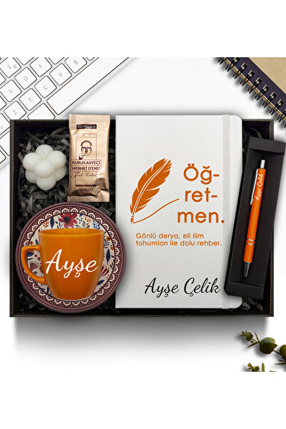 AS COMPANY Öğretmenler Günü Temalı Kişiye Özel Turuncu Fincan & Defter & Kale...