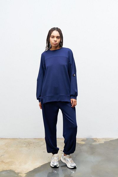Basicpark Navy Blue Women's Jogger Pants and Modal Bottom and Top Set with Sleeve Label Detail