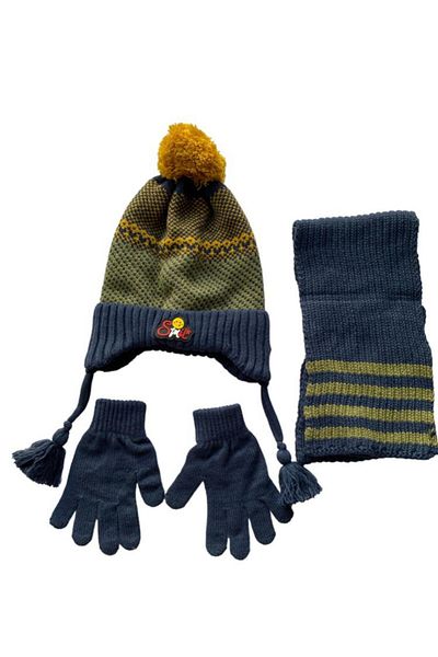 Kitti 4-8 Years Boy Gray Green 3-Piece Set - Fleece Beanie, Acrylic Scarf, Gloves