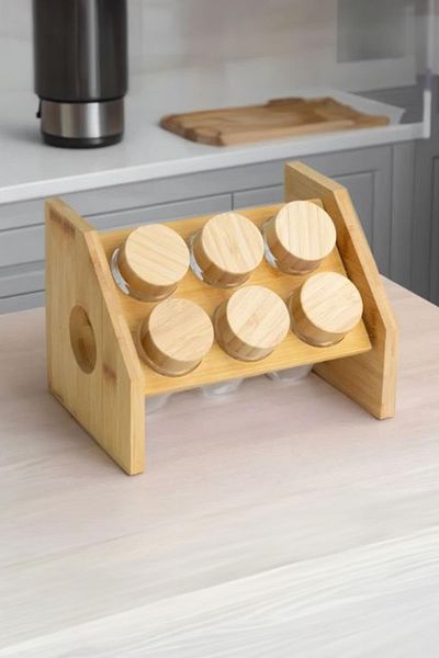 Hayveys 6 Piece Glass Spice Set Jar with Bamboo Stand