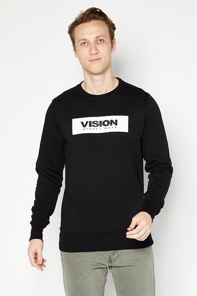 Vision Street Wear سويت شيرت رجالي بشعار العلامة التجارية بأكمام طويلة وياقة دائرية، أسود