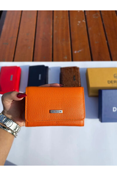 DERKON Her Çantaya Sığabilecek Ufak Kullanışlı Hakiki Deri  Cüzdanı Turuncu renk