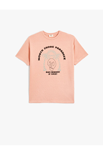 Koton Tişört Kuru Kafa Baskılı Detaylı Kısa Kollu Bisiklet Yaka Dokulu