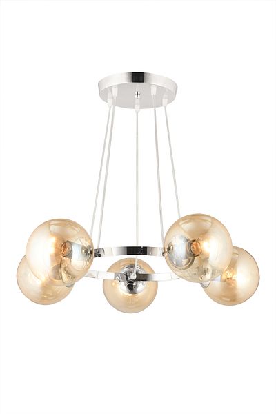 SONSUZ AYDINLATMA&AVİZE Queen Chrome 5-Piece Ring Honey Globe Glass Modern Chandelier
