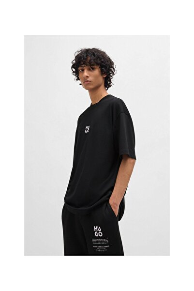 HUGO Mevsimsel desenli pamuklu oversize penye tişört