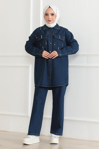 Modamihram Темно-синій джинсовий костюм з кишенями і тасьмою Детальніше 19207
