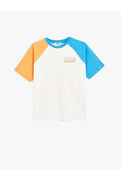 Koton Cotton Short Sleeve T-Shirt - Crew Neck, Printed Detail, Color Block