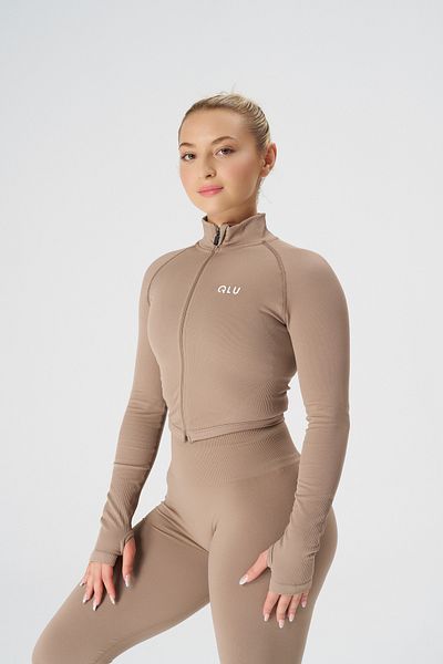 qlu Ανοιχτό καφέ γυναικείο Crop Top - Χωρίς ραφή και με φερμουάρ