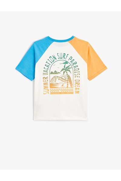 Koton Cotton Short Sleeve T-Shirt - Crew Neck, Printed Detail, Color Block
