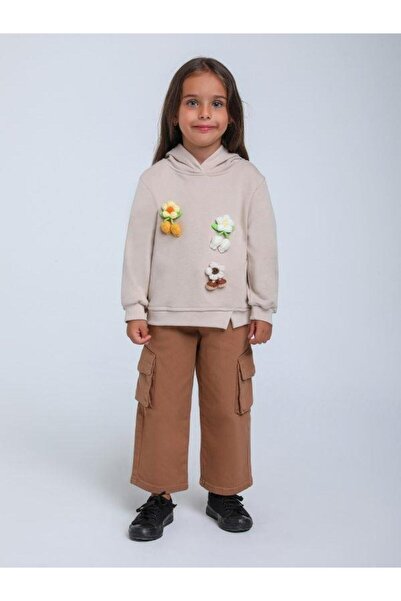 Escabel Girl's Hooded Flower Knit Detailed Sweatshirt