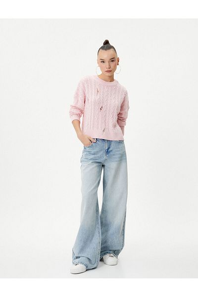 Koton Knitwear Sweater Hair Weave Detailed Weathered Crew Neck