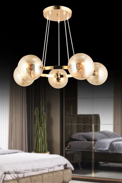 SONSUZ AYDINLATMA&AVİZE Infinite Gold 5-Piece Ring Honey Globe Glass Modern Chandelier