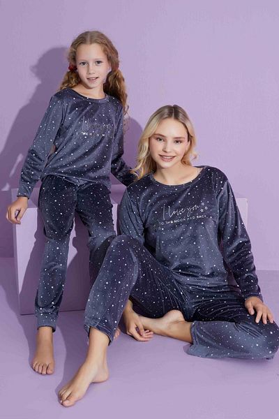 Mutlu City New Season Star Patterned Trend Model Velvet Σετ πιτζάμες Mother/Daughter 2776-Smoked