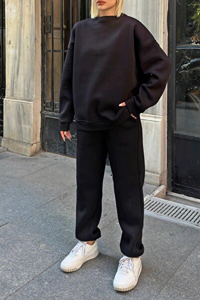 Swist Siyah Pow Bisiklet Yaka Sweatshirt-Eşofman İçi Şardonlu Kadın Eşofman Takımı