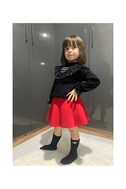 Kids Red Color Flounced Diver Fabric Skirt