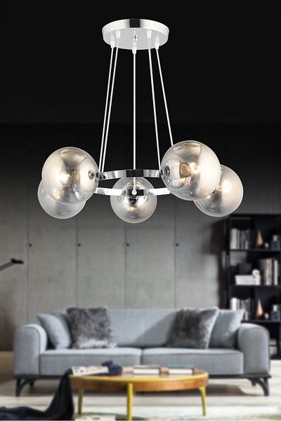 SONSUZ AYDINLATMA&AVİZE Infinite Chrome 5-Piece Ring Smoked Globe Glass Modern Chandelier