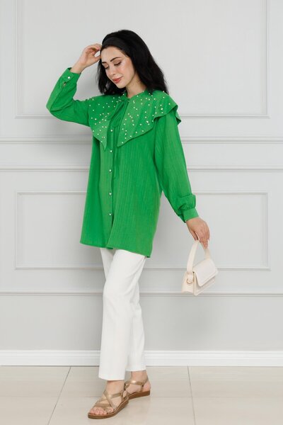 Sevitli Benetton Green Pearled Wide Collar Tunic