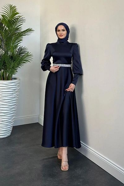 Swana Afra Stoned Waist Balloon Sleeve Evening Dress-Navy Blue