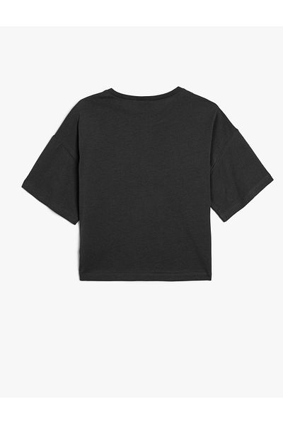 Koton Crew Neck Crop T-Shirt - Slogan Printed, Cotton, Short Sleeve