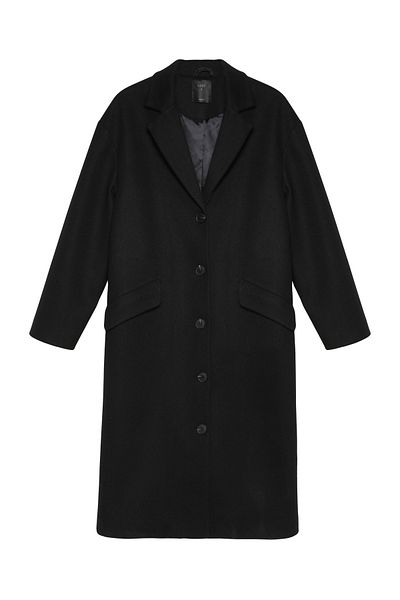 Quzu Black Long Coat - Double Breasted Collar and Button Detail