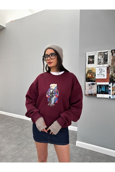 ESRAHELVACI Burgundy Teddy Bear Printed Sweat