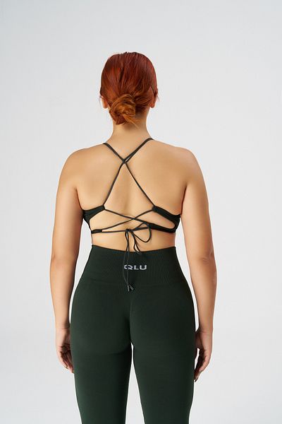qlu Women's Dark Green Seamless Bra - Lace-Up Back, Sports Bra