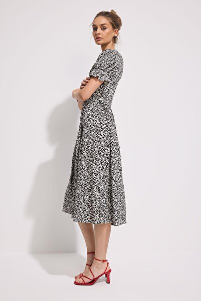 BABOKAH Balon Kol Kruvaze Midi Elbise