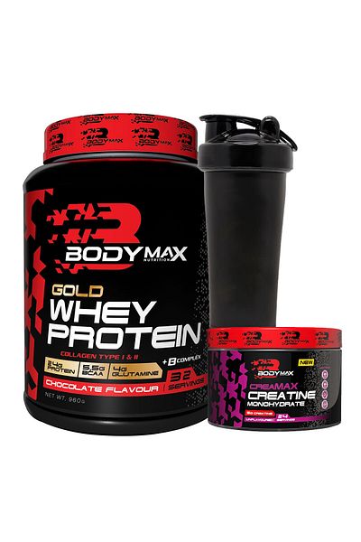 BODYMAX Gold Whey Protein - Chocolate Flavored 960g Powder + Creamax Creatine 120g + Shaker