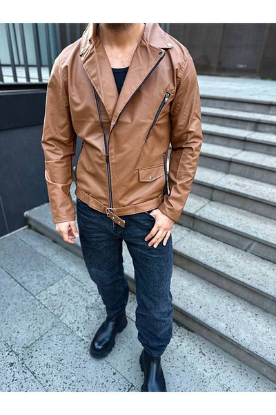 elkumoda Кожено яке с диагонален цип и колан, кожено яке за нов сезон с джобове