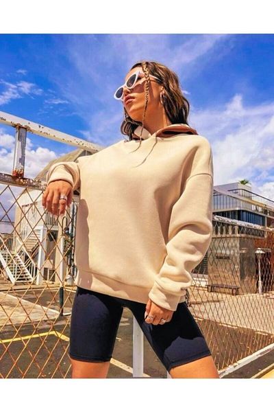 MOONBULL Unisex Oversize Beige Livable California Back Printed Brown Hooded Sweatshirt