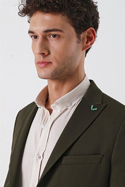 İmza Dark Khaki Patterned Swallow Collar Unlined 6 Drop Extra Slim Fit Slim Fit Casual Jacket1002230158