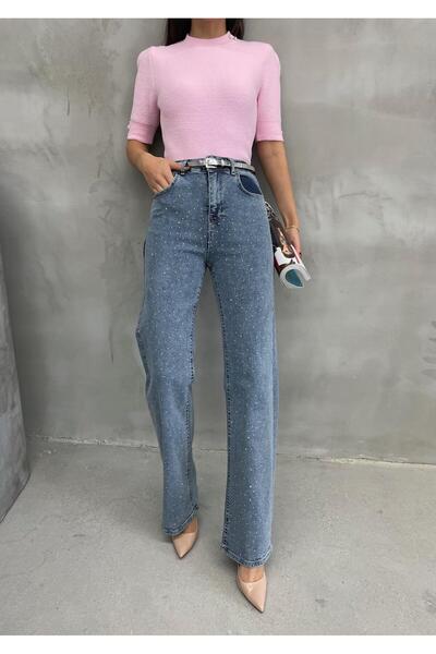 TİSHOOSTORE Belted Stone Detail Lycra Palazzo Wide Leg Jeans