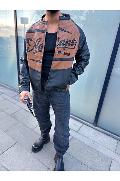 elkumoda College Jacket Bomber Jacket Δερμάτινο παλτό Oversize με τσέπες με φερμουάρ Δερμάτινο μπουφάν