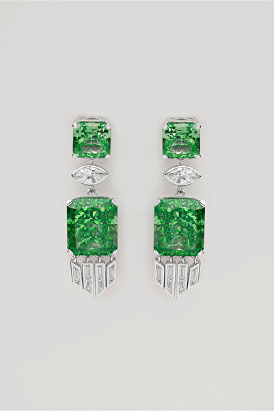 So CHIC... Sofistike Yeşil 18 Ayar Beyaz Altın Kaplama Gümüş Baget Küpe