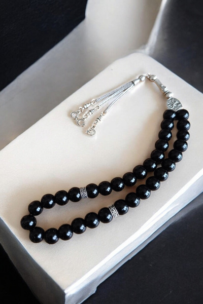 MGA DOĞAL TAŞ Parlak oniks Tesbih 33'lük Tesbih Oniks Taşı Tesbih Sertifikalı...