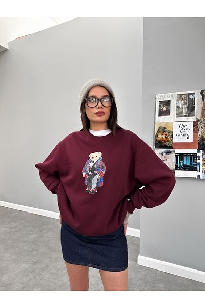 ESRAHELVACI Burgundy Teddy Bear Printed Sweat