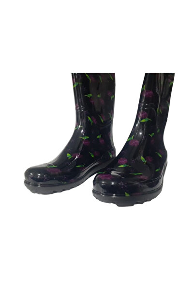 Emek Kadın Siyah Mor Laleli Bahçe Yağmur Çizmesi EMK2036-97