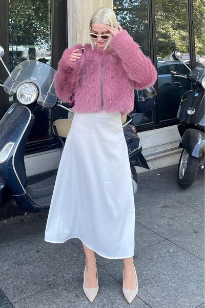 Madmext Women's Faux Fur Coat - Pink, Crew Neck, Mg2176