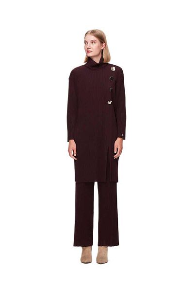MISS DALIDA Claret Red Thick Corded Wide Leg Knitwear Trousers T25K-7008