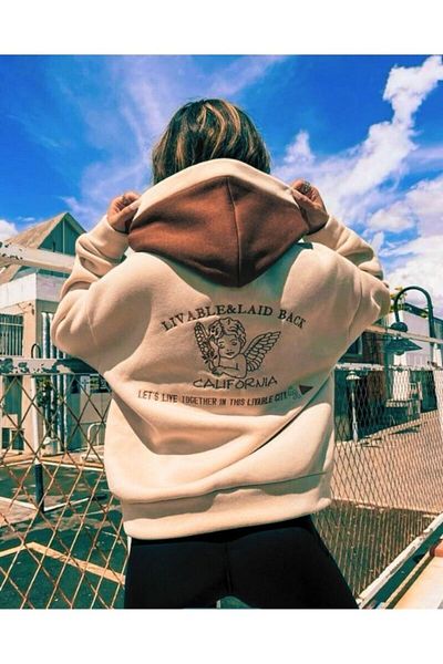 MOONBULL Unisex Oversize Beige Livable California Back Printed Brown Hooded Sweatshirt