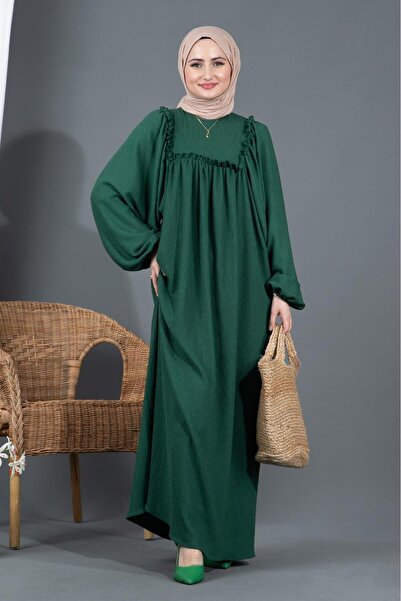 Sevitli Fırfırlı robalı Bürümcük elbise-Yeşil