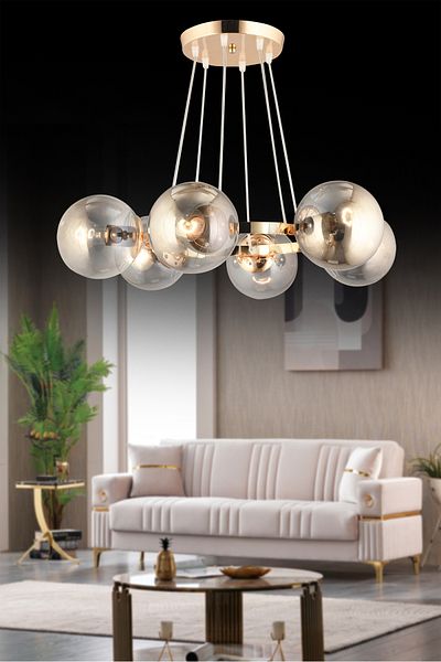 SONSUZ AYDINLATMA&AVİZE Infinite Gold 6-Piece Ring Smoked Globe Glass Modern Chandelier