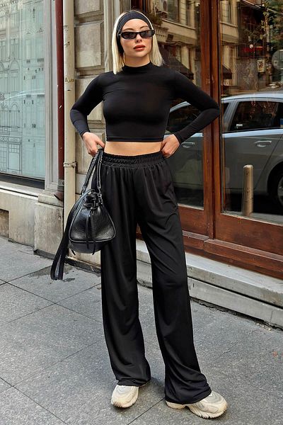 Swist Fekete Ced Half Fisherman Crop blúz-nadrág női sandy szövetű alsó felső szett