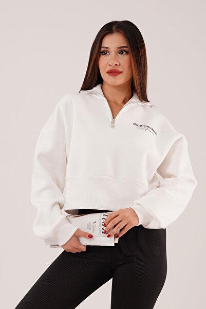 Hipo Trend Hanorac alb cu jumătate de fermoar cu imprimeu Sanfrancisco