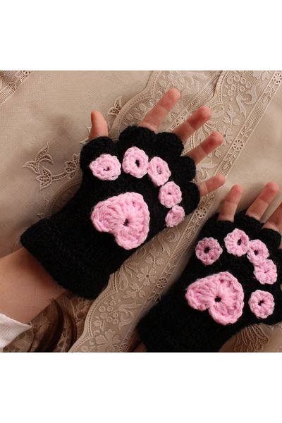 TRENDİN YOLU Handmade Black Paw Korean Style Gloves Fingerless Model Winter